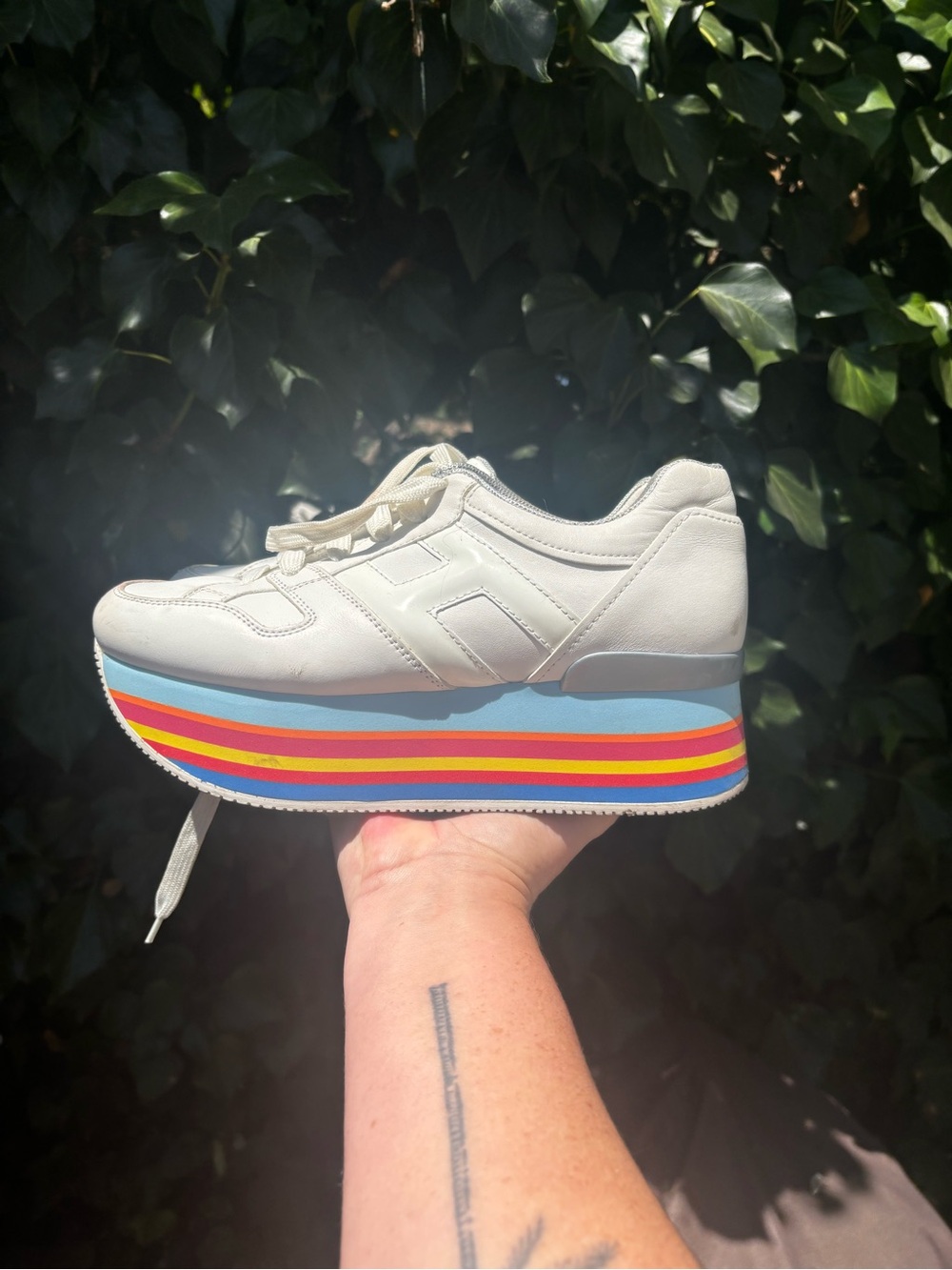 Platform Sneaker with Rainbow Stripe Sole - White
